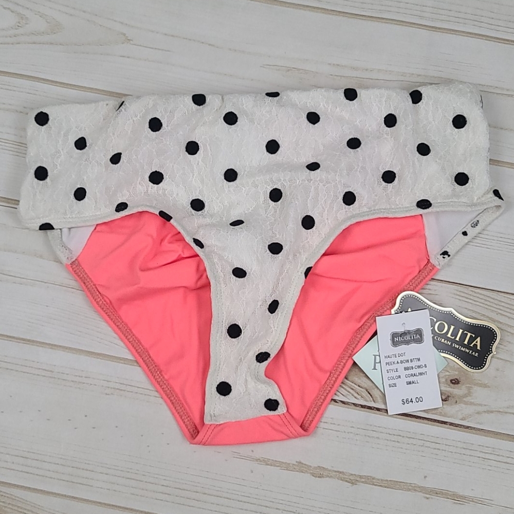 Nicolita Coral Pink & White Polka Dot Lace Bikini Bottom